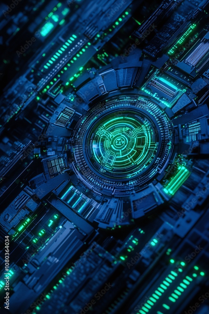 Poster futuristic circuit board with glowing green accents and intricate patterns, featuring digital techno