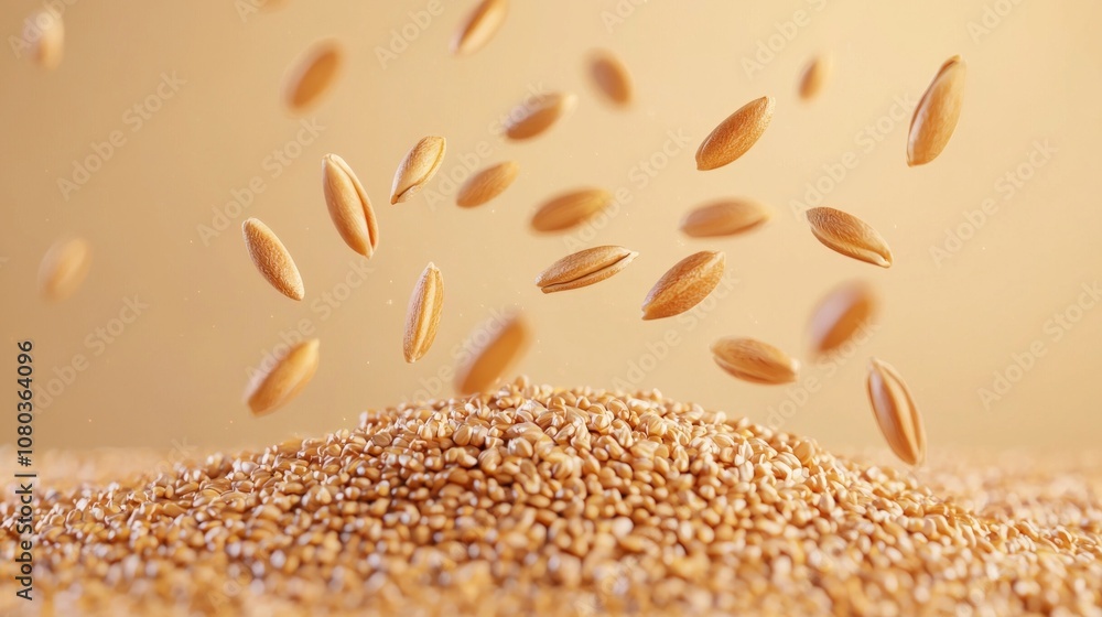Poster wheat groats are suspended mid air separate one another highlighting their distinct shapes bright ba