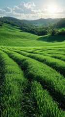 Lush Green Grass Field, meticulously maintained, vivid textures, ideal for promotional content, high resolution, striking visual appeal