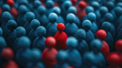 A single red figure stands out among a crowd of blue figures.