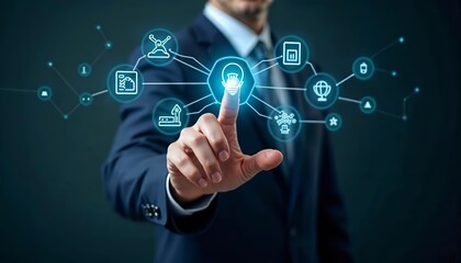 Businessman Interacting with Innovative Digital Interface Corporate Office Digital Illustration Modern Workspace Close-up View Technology Concept