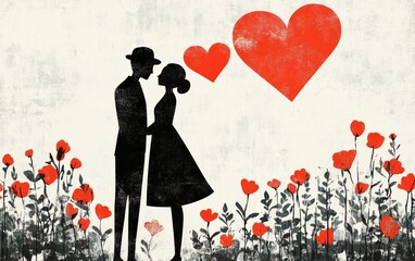 A couple is standing in a field of red flowers, with a heart in the background