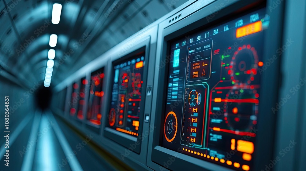 Poster Futuristic control panel displays with glowing screens in a high-tech environment.