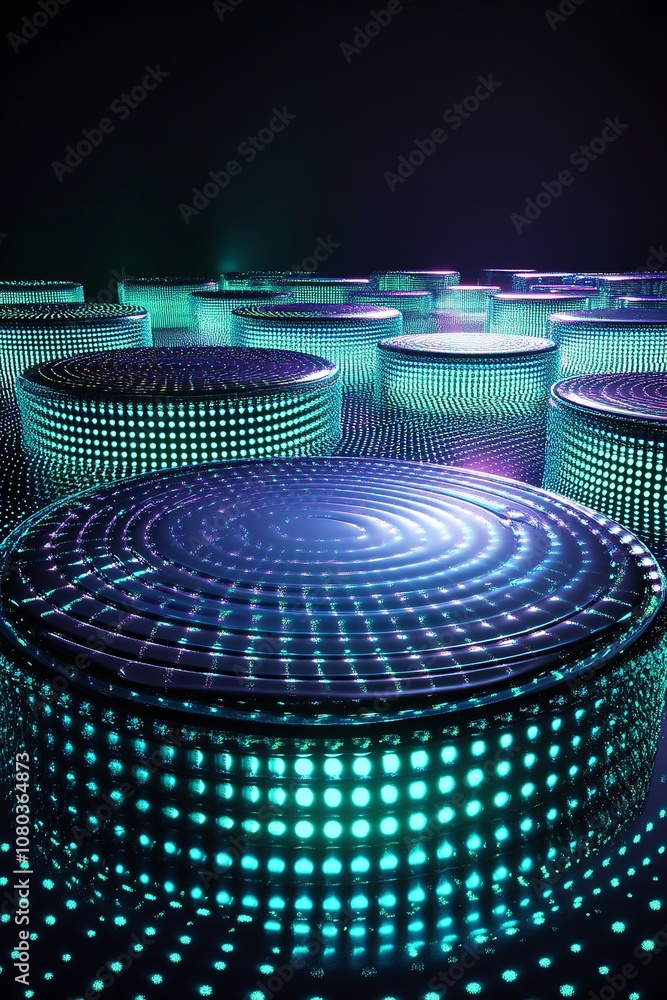Poster futuristic illuminated circles on a dark surface creating vibrant patterns of light and reflections,