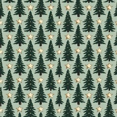 Obraz premium Festive Christmas seamless pattern featuring illustrated dark green fir trees and sparkling golden stars on a subtle sage background.