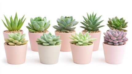 Obraz premium Beautiful arrangement of diverse succulents in soft pink planters on a clean, white background, creating a fresh and vibrant aesthetic for home or office decor