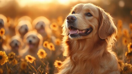 Joyful golden retriever gazing upwards, vibrant expression, soft background enhancing the dog's charming features
