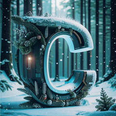 Alphabet letter C in winter forest. Christmas font. 3D rendering.