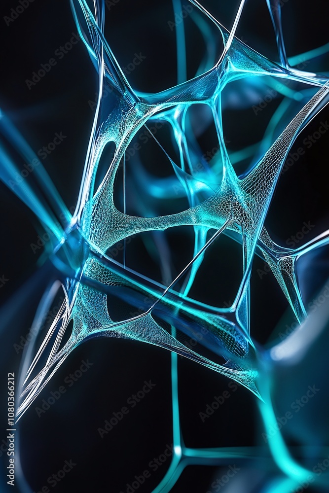 Poster intricate web of blue and transparent structures against a dark background, representing abstract te