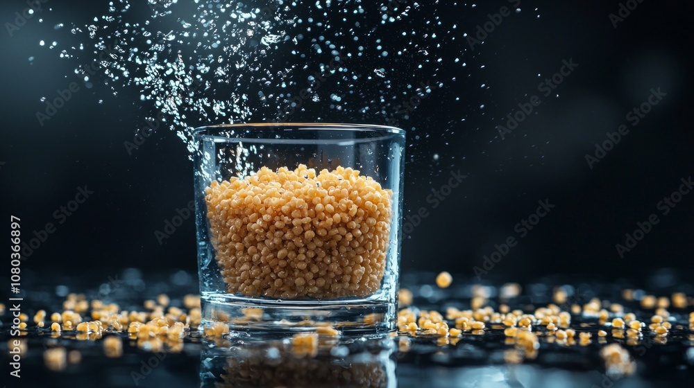 Poster bulgur grains float separately glass as water cascades them creating dynamic visual dark background.