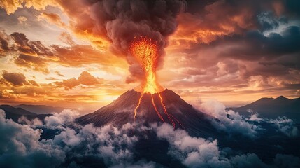Fototapeta premium Erupting volcano at sunset, dramatic sky with smoke and lava, nature's raw power.
