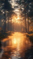 Obraz premium Serene river scene at sunrise, surrounded by misty forest.