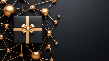 Elegant black gift packaging with golden bow, surrounded by golden spheres and network design, perfect for special occasions
