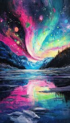 Psychedelic aurora borealis over an icy lake, with bright pinks, purples, and greens reflecting on the water's surface