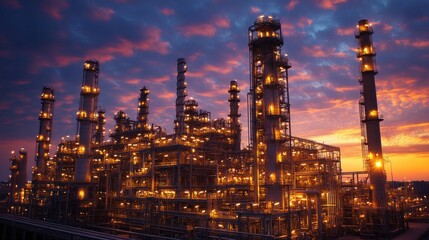 Fototapeta premium An illuminated oil refinery at sunset, with tall chimneys, pipelines, and processing towers, lit up by floodlights against a backdrop of vibrant orange clouds.