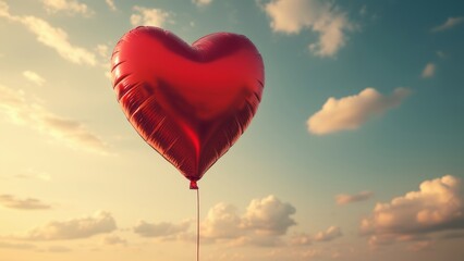 Fototapeta premium A balloon in the form of a red heart flying into the sky. The concept for the celebration of Valentine's Day.