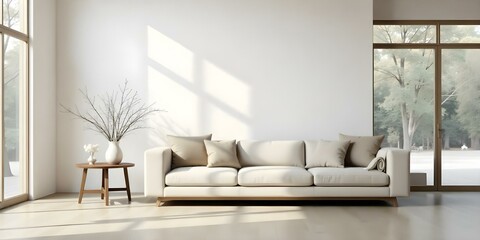 A modern, minimalist living room with a large, comfortable white sofa, wooden accents, and natural lighting streaming in through a window
