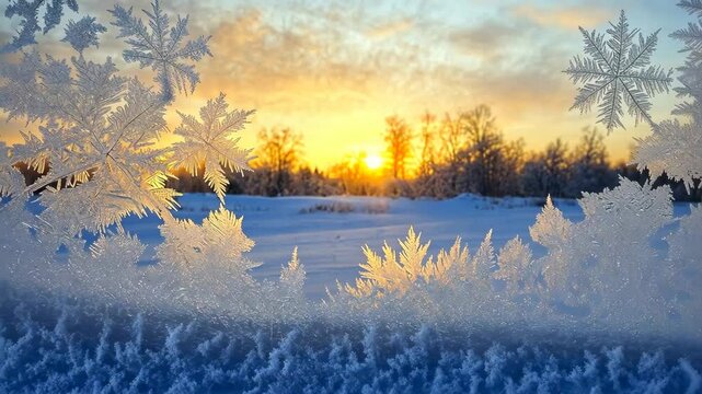 A frosty windowpane frames a picturesque winter sunset