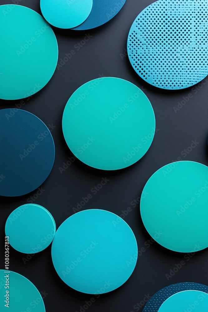 Poster vibrant abstract composition of circular shapes in varying shades of blue and teal on a dark backgro