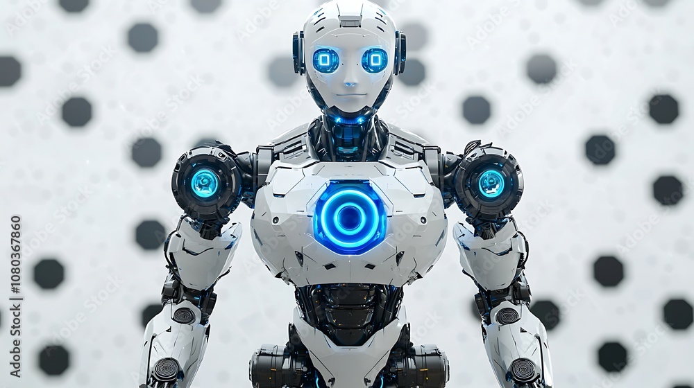 Poster futuristic humanoid robot with glowing blue accents standing against a minimalistic dot-patterned ba