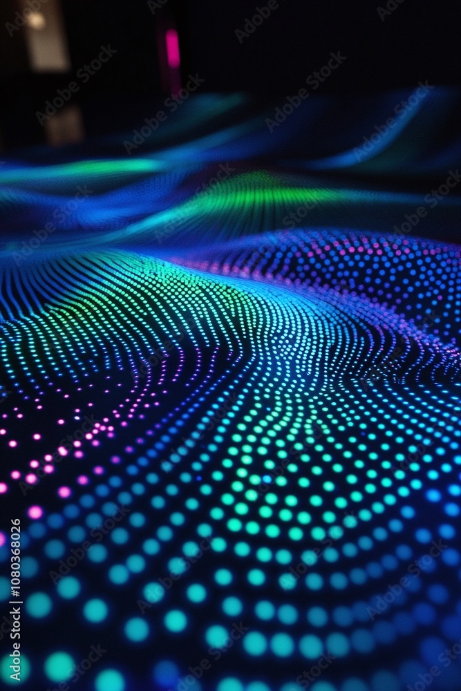 Poster vibrant abstract wave patterns with colorful dot matrix design in vivid blue, green, and purple shad