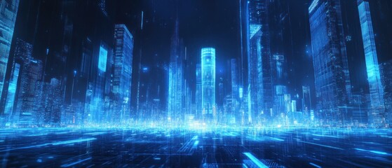 Futuristic cityscape with glowing blue elements.