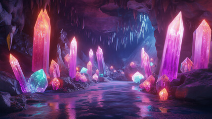 Magical Pink And Blue Crystals In Underground Cave With Flowing Water