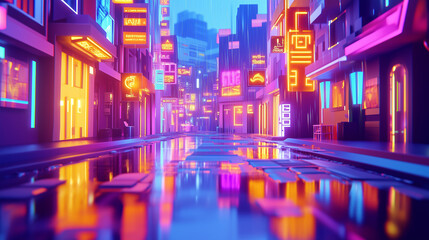 Obraz premium Cyberpunk Neon Lit Street in Futuristic City with Reflective Wet Pavement
