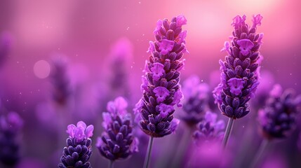 Close-Up View of Lavender Flowers in Soft Focus with a Dreamy Pink Background, Capturing the Serenity and Beauty of Nature's Blossoms in Full Bloom