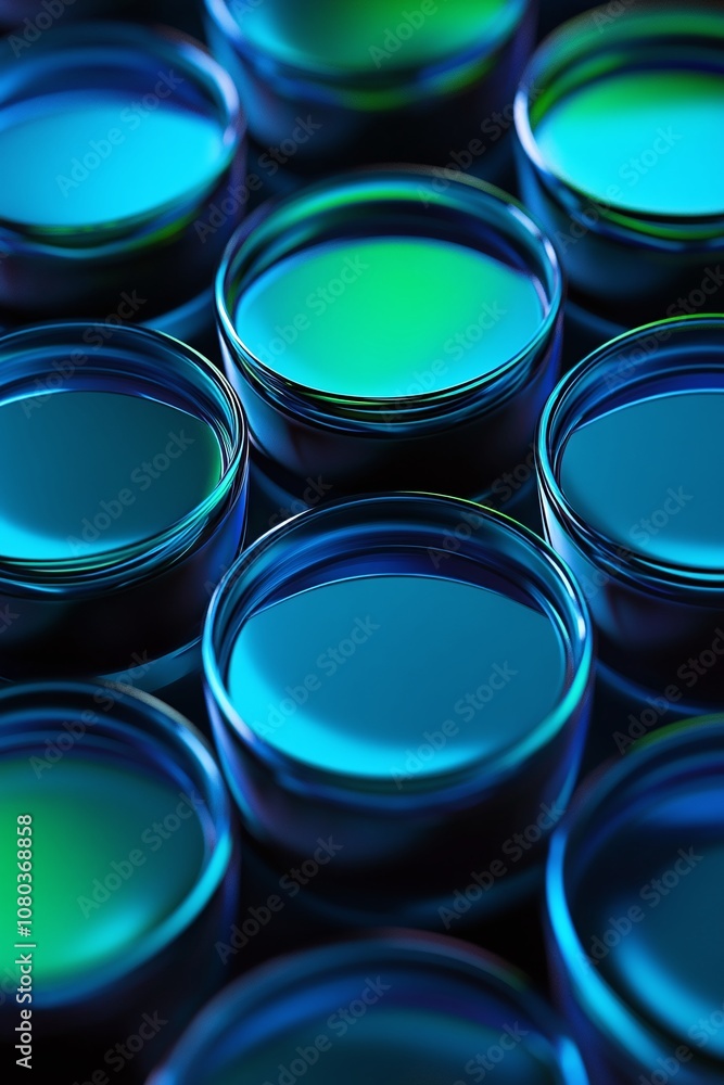 Poster vibrant reflection of circular glass containers with blue and green light on a dark surface, creatin