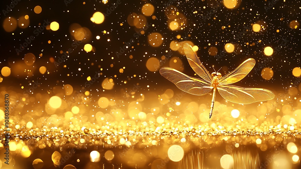Poster stunning macro shot of a dragonfly with golden bokeh background, capturing the magic of nature and e