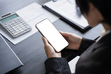 Business women hand hold smart phone. cell telephone blank copy space screen. smartphone with blank white screen isolated. smart phone with technology concept