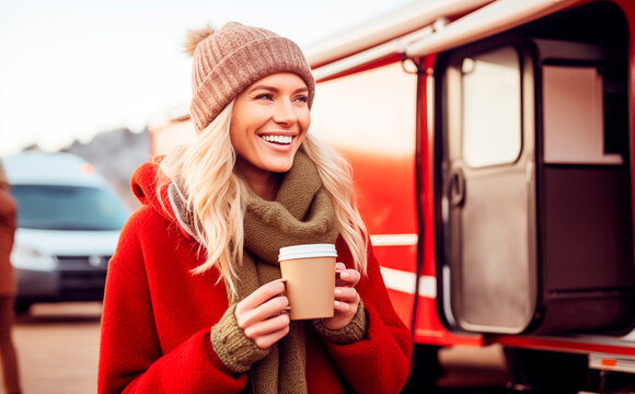 Retrato de mujer sonrriente viajando en su camper en invierno. Mujer en el exterior de su autocaravana con ropa de invierno haciendo un descanso en la ruta. Concepto de viajes y aventuras.