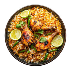 Flavorful Chicken Biryani with Spiced Basmati Rice, Lime, and Cilantro - A Traditional Indian Delight PNG Icon on transparent background