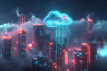 Obraz premium Cyberpunk Skyline with Glowing Cloud Technology Icon