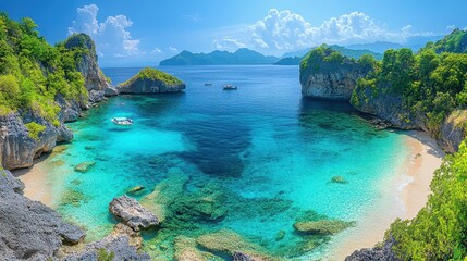 Tranquil bay with serene small islands, crystal clear turquoise waters, inviting beach scenery and lush greenery surrounding the coastline