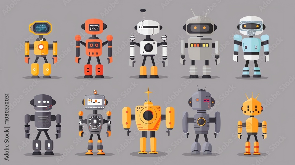 Poster a set of ten cartoon robots, each with different features and designs.
