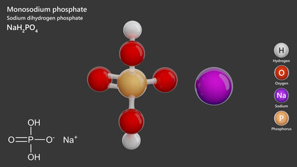 Molecule: Monosodium Phosphate. Molecular structure. Formula: NaH2PO4. Chemical model: Ball and stick. Gray background. 3D illustration.