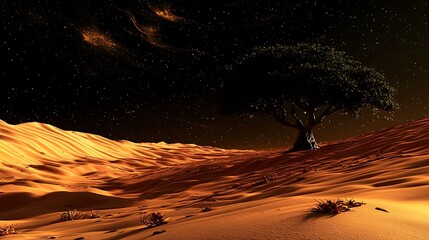 Serene Desert Landscape at Night with a Solitary Tree Beneath a Starry Sky Surrounded by Sand Dunes and Cosmic Elements