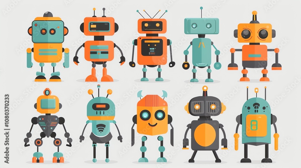 Poster a set of ten cartoon robots, each with different features and designs.