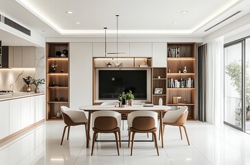 Fototapeta premium 3D Rendering of an Open Plan Dining Room with Warm Wooden Accents and Modern Design