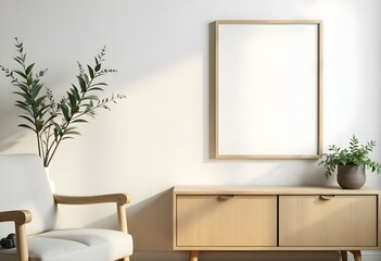 A minimalist living room with a wooden cabinet, a framed artwork on the wall, and a small wooden bench in the foreground