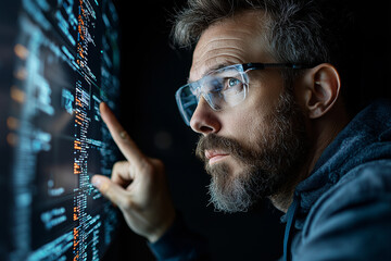 A focused scientist in futuristic crop research center analyzes data on digital screen, showcasing advanced technology and innovation. atmosphere is intense and inspiring