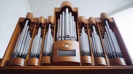 A Low-Angle View of a Majestic Church Organ: Its Gleaming Pipes and Intricate Wooden Case Resonate with the Spirit of Sacred Music