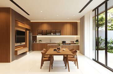 3D Rendering of an Open Plan Dining Room with Warm Wooden Accents and Modern Design