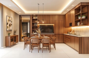 Fototapeta premium 3D Rendering of an Open Plan Dining Room with Warm Wooden Accents and Modern Design