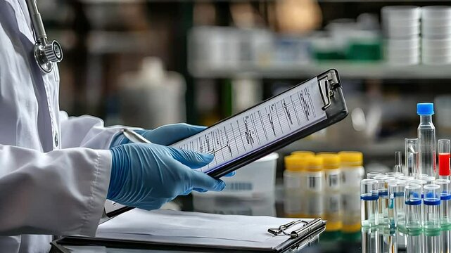 A laboratory scene featuring a person in a lab coat and gloves holding a clipboard with data, surrounded by test tubes and vials, indicating scientific research or analysis.
