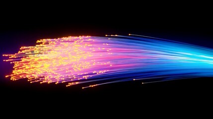 A vibrant display of light trails representing data transmission or fiber optics.