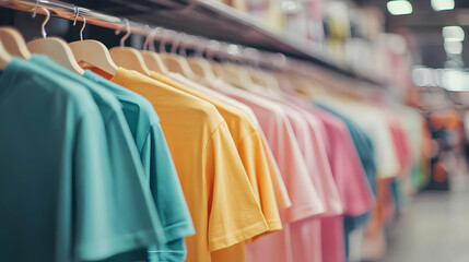 Obraz premium Pastel T-shirts Hanging on Rack in Retail Store, Displaying Soft Colors and Summer Fashion