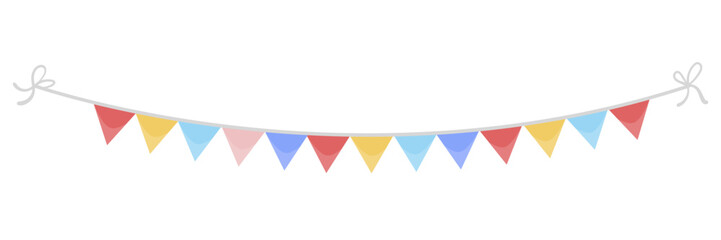 Colorful bunting flags hanging on a string. Simple graphic style. White background. Concept of celebration. Vector illustration